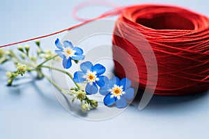 red string tied around a forget-me-not flower