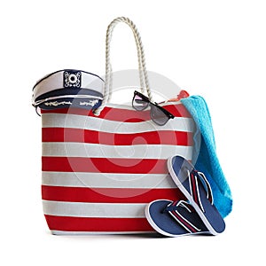 Red stripe beach bag and other accessories