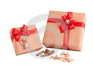Red stripe paper wrap gift box ribbon bow decoration isolated