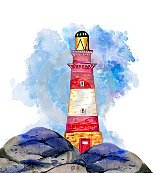 Red striped cartoon lighthouse on the stone coast with cloud on background. Hand drawn watercolor illustration