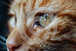 Red striped cat photography. Open eye black orange fur with stripes macro. Side look cat animal pet hunter close up