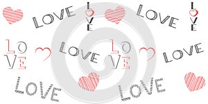 Valentine`s seamless pattern with red striped hearts and dark grey inscriptions love on a white background