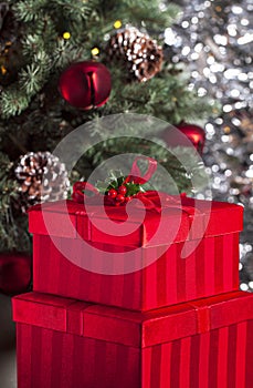Red Striped Stacked Christmas Gift Boxes