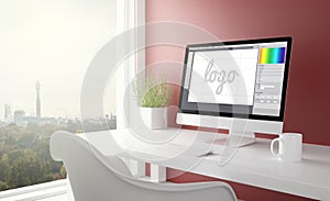 red studio with logo design software computer