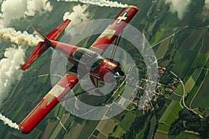 Red stunt plane flying over patchwork fields