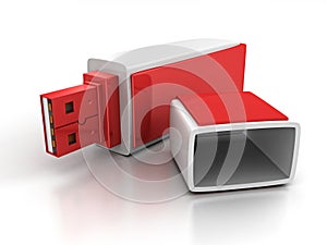 Red stylish USB flash drive on white background