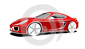 Red Stylized Car, Side view, Three-quarter view. Fast Racing car. Sport car. Modern flat Vector illustration
