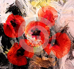 Red stylized poppies on grunge background