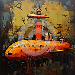 Dystopian Atmosphere: Large Acrylic Painting Of Orange Submarine On Rust Background photo