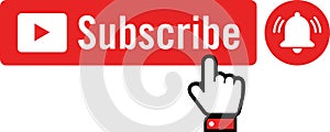 Red Subscribe Button with Notification Bell and Hand Isolated Vector Illustration