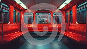 Red subway car with empty seats, metro underground transport. Generative AI