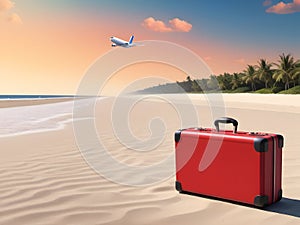 Red suitcase abandoned on a sandy beach in sunset and an airliner in the air.