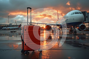 Red Suitcase on Airport Tarmac