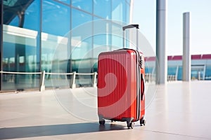 Red suitcase in front of an airport building. Traveling holiday getaways vacation concept