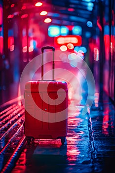 A red suitcase is sitting on a wet sidewalk in the rain. Generative AI