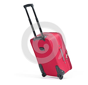 Red suitcase on wheels with the handle extended in the running position, isolated on white background.