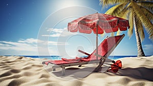 Red sun lounger and umbrella on sandy beach, relaxing palm tree shade, tranquil sea view vacation
