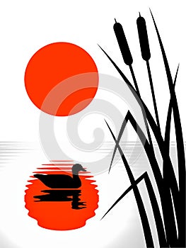 Red sun reflection on the reedy lake