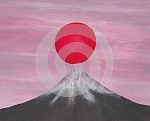 Red sun rising above japan fuji mountain, from my self created image series `The Spirit of Asia II, 2018`