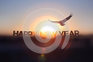 The brightly rising sun and sunrise and the eagle and HAPPY NEW YEAR photo