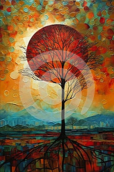 Red Sun, Tree, and Background: Symbolic Elements of a Celestial