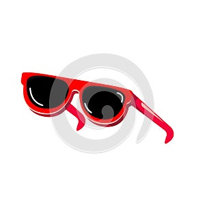 Red sunglasses with black lens isolated on white background. Cartoon funny womans red summer sunglasses icon, label and