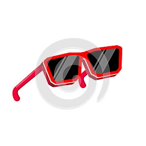 Red sunglasses with black lens isolated on white background. Cartoon funny womans red summer sunglasses icon, label and