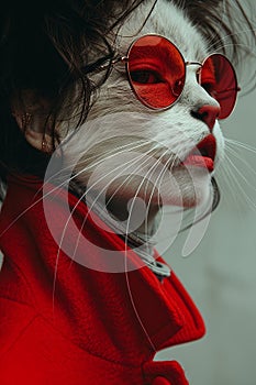 Red Sunglasses and Coat on Stylish Cat Artwork