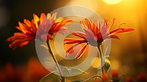 Red sunlit daisies with dew drops shining at sunset