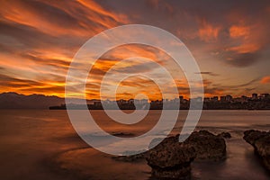 Red sunset on Antalya Coast in Turkey