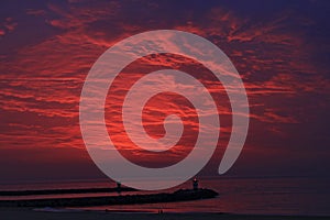 Red sunset on beach in Den Haag