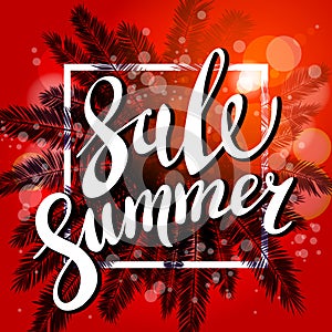 Red Sunset on the beach Summer sale background with palm. Vector banner