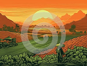 Red Sunset on farm agriculture country background illustration for poster, Generative Ai