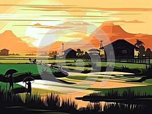 Red Sunset on farm agriculture country background illustration for poster, Generative Ai