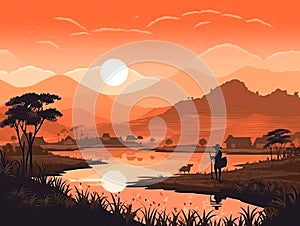 Red Sunset on farm agriculture country background illustration for poster, Generative Ai