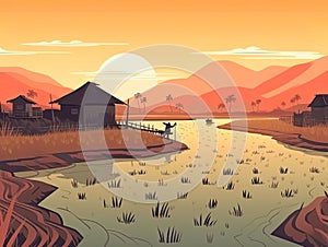 Red Sunset on farm agriculture country background illustration for poster, Generative Ai