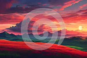Red sunset mountain landscape, anime, manga style