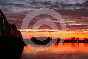 Red sunset over the bridge