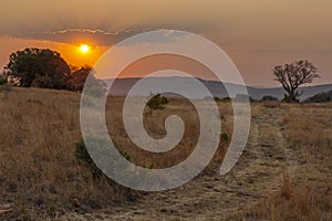 Red sunset over dry grass land