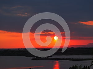 Red sunset over the pond of ivars and vila sana, lerida, spain, europe