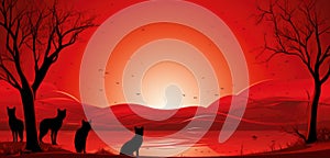 A red sunset with three cats and a tree, AI