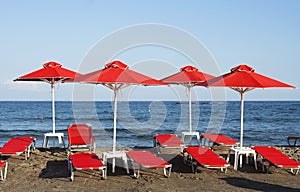 Red sunshades on the beach