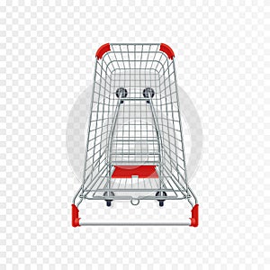 Red supermarket shopping cart. 3d top view vector illustration. Photo realistic empty basket for food products.