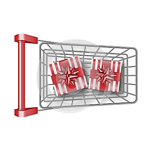 Red supermarket shopping cart with gift box on top view, vector