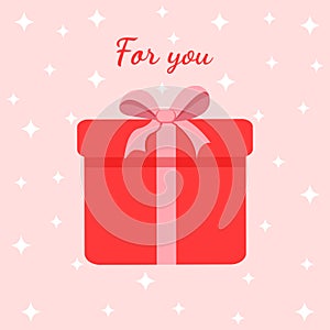 Red surprise gift box with bow. Present vector illustration for postcard, textile, decor, poster, banner. Greeting