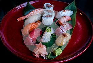 Red sushi platter with seafood sushi