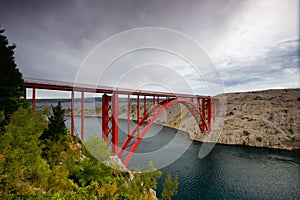 Red suspension bridge