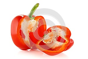 Red sweet bell pepper isolated on white background. One sweet bell pepper. Close-up