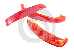 Red sweet bell pepper sliced strips isolated on white background. Red fresh paprika