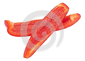 Red sweet bell pepper sliced strips isolated on white background. Red fresh paprika. Capsicum annuum